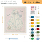Pink Bow Ghost punch needle kit, 20 × 24 in (50 × 60 cm): canvas size and kit contents