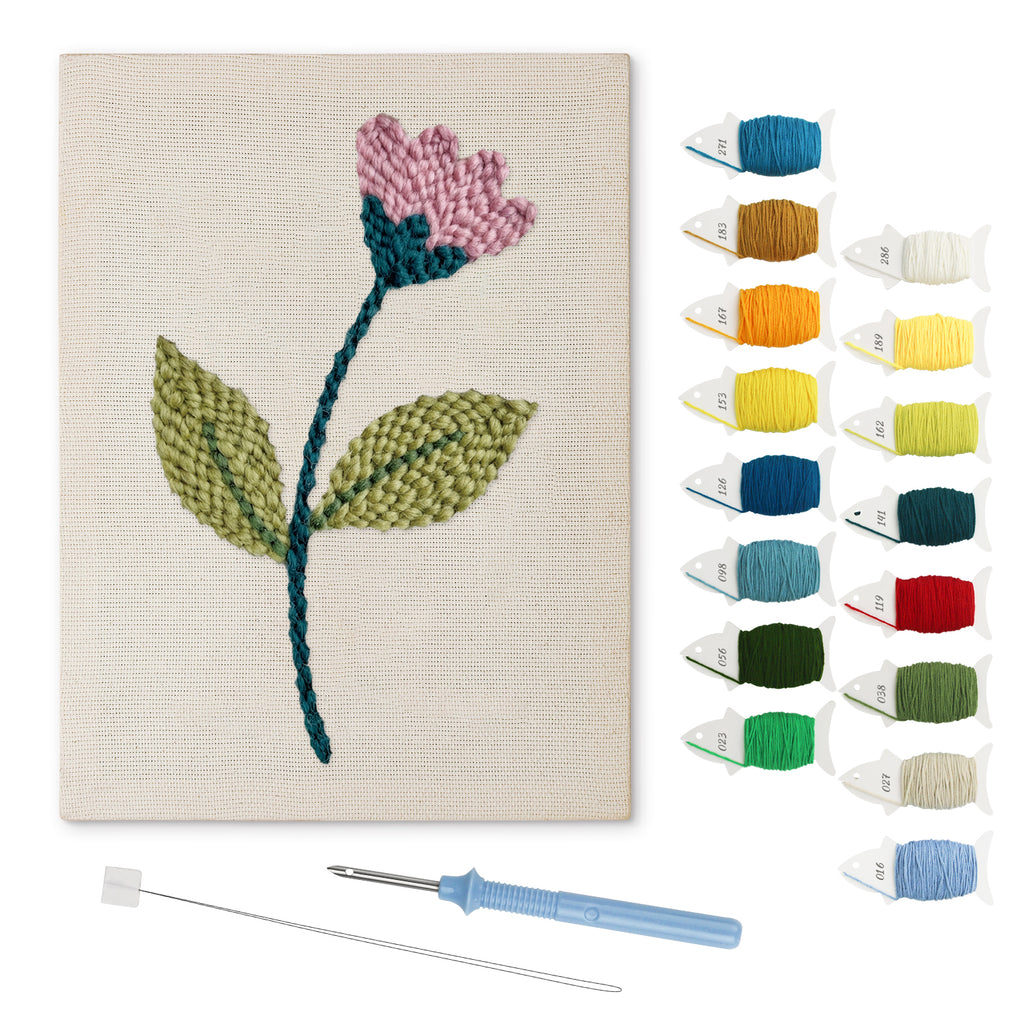 Pink Bud Stem punch needle kit: finished canvas with threads, punch needle and threader