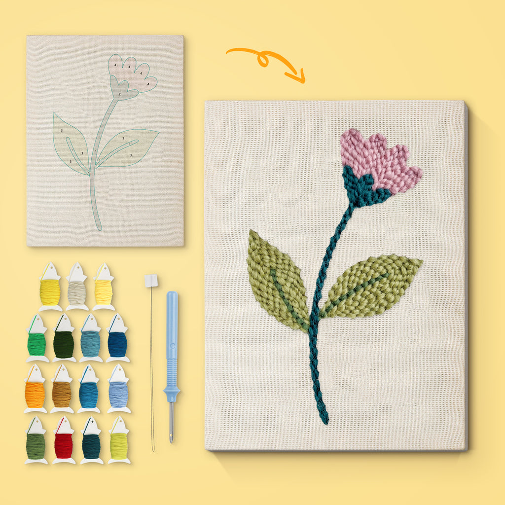 Pink Bud Stem canvas before and after punching, with the threads and tools
