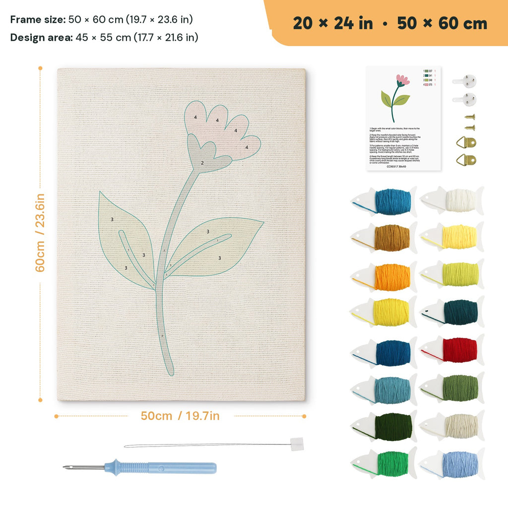 Pink Bud Stem punch needle kit, 20 × 24 in (50 × 60 cm): canvas size and kit contents