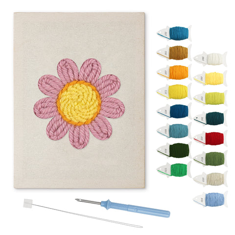 Pink Daisy Head punch needle kit: finished canvas with threads, punch needle and threader