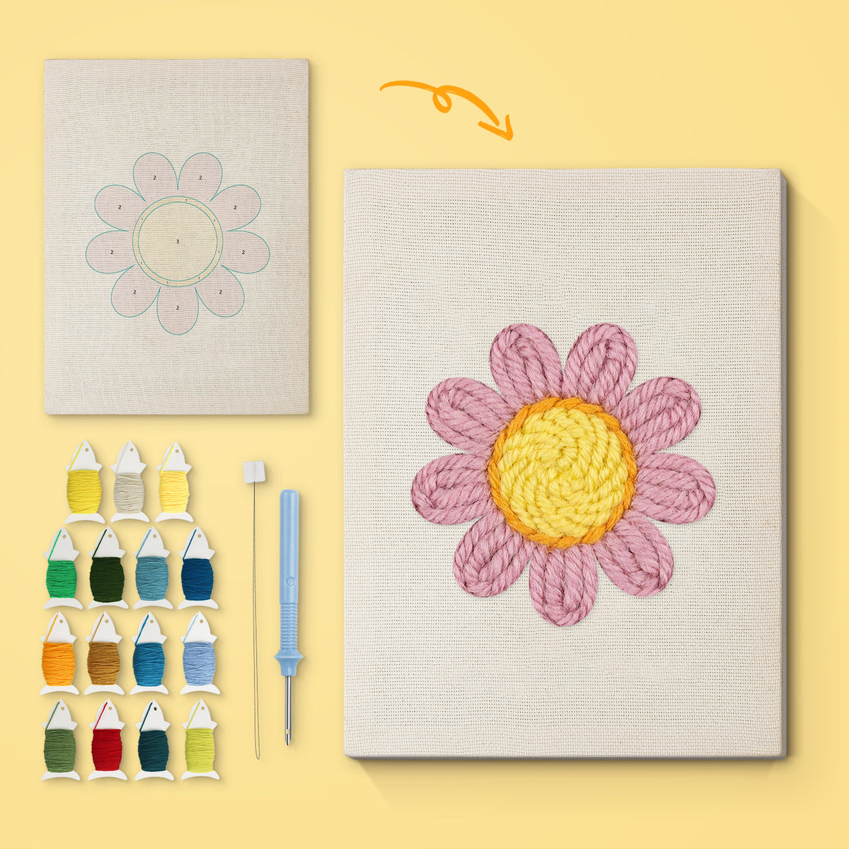 Pink Daisy Head canvas before and after punching, with the threads and tools