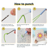 Six steps showing how to thread and use the punch needle