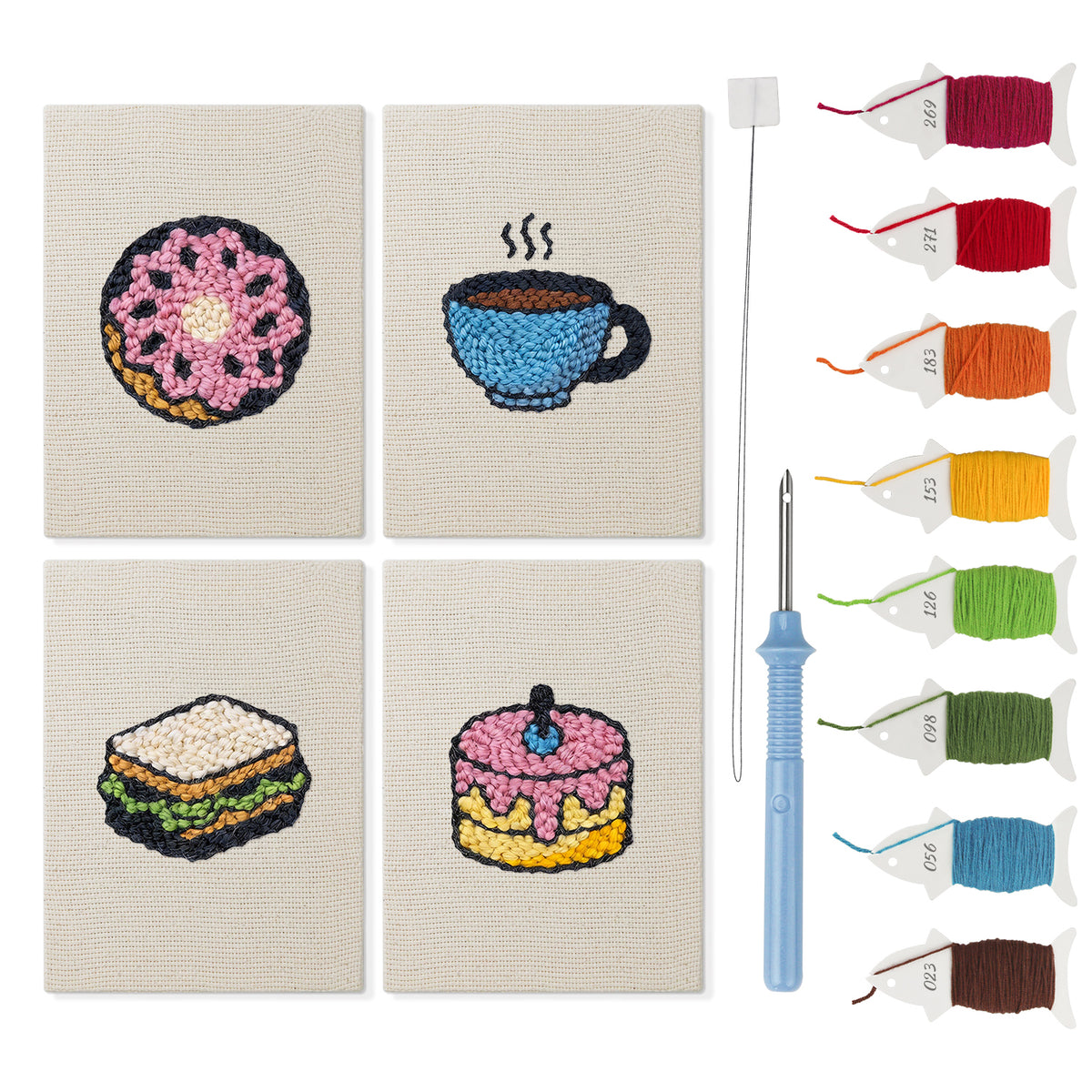 Pink Donut Coffee mini punch needle kit set: four finished canvases with threads, punch needle and threader