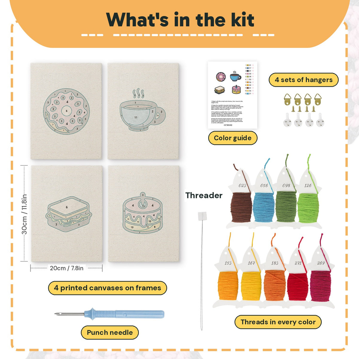 What is in the Pink Donut Coffee set, 8 × 12 in (20 × 30 cm) each: 4 printed canvases, punch needle, threader, threads, color guide and 4 sets of hangers
