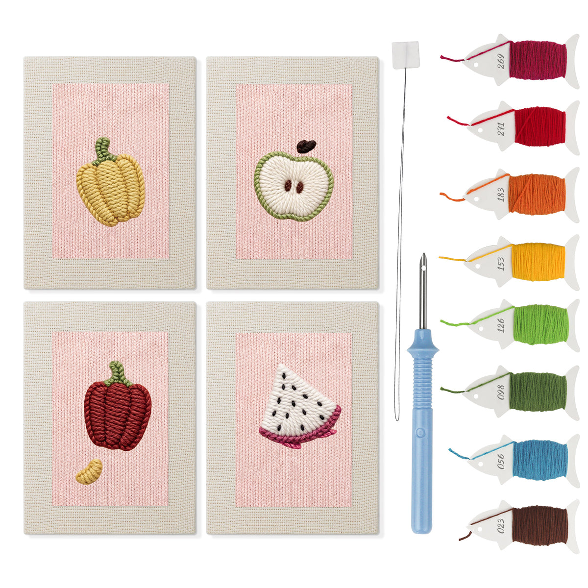 Pink Dragon Fruit mini punch needle kit set: four finished canvases with threads, punch needle and threader