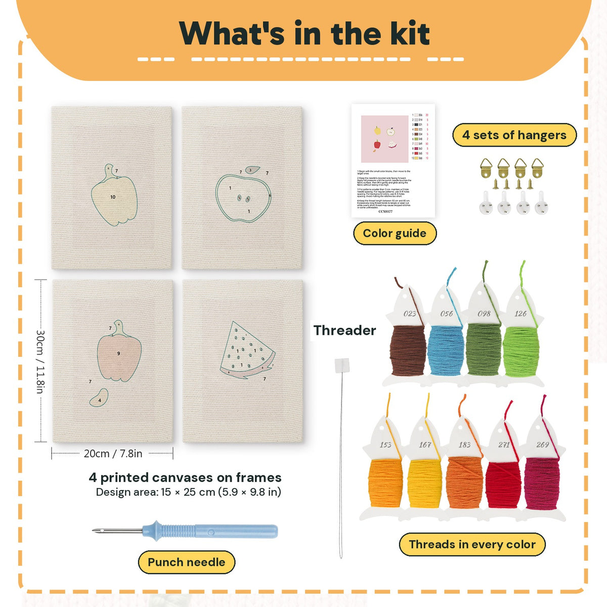 What is in the Pink Dragon Fruit set, 8 × 12 in (20 × 30 cm) each: 4 printed canvases, punch needle, threader, threads, color guide and 4 sets of hangers