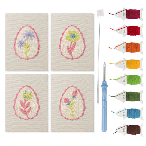 Pink Egg Posies mini punch needle kit set: four finished canvases with threads, punch needle and threader
