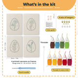 What is in the Pink Egg Posies set, 8 × 12 in (20 × 30 cm) each: 4 printed canvases, punch needle, threader, threads, color guide and 4 sets of hangers
