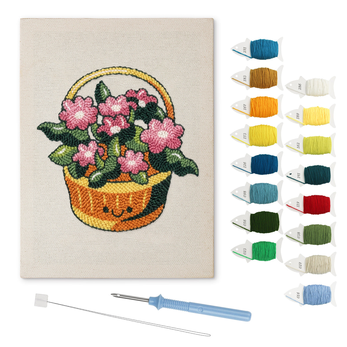 Pink Flower Basket punch needle kit: finished canvas with threads, punch needle and threader
