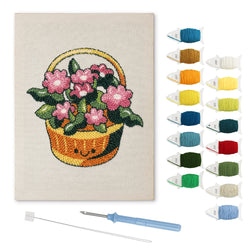 Pink Flower Basket punch needle kit: finished canvas with threads, punch needle and threader