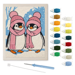 Pink Hat Penguins punch needle kit: finished canvas with threads, punch needle and threader