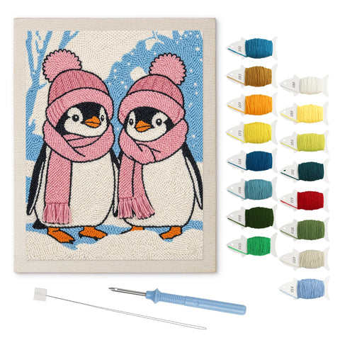 Pink Hat Penguins punch needle kit: finished canvas with threads, punch needle and threader