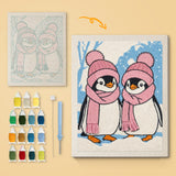 Pink Hat Penguins canvas before and after punching, with the threads and tools