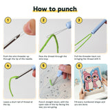 Six steps showing how to thread and use the punch needle