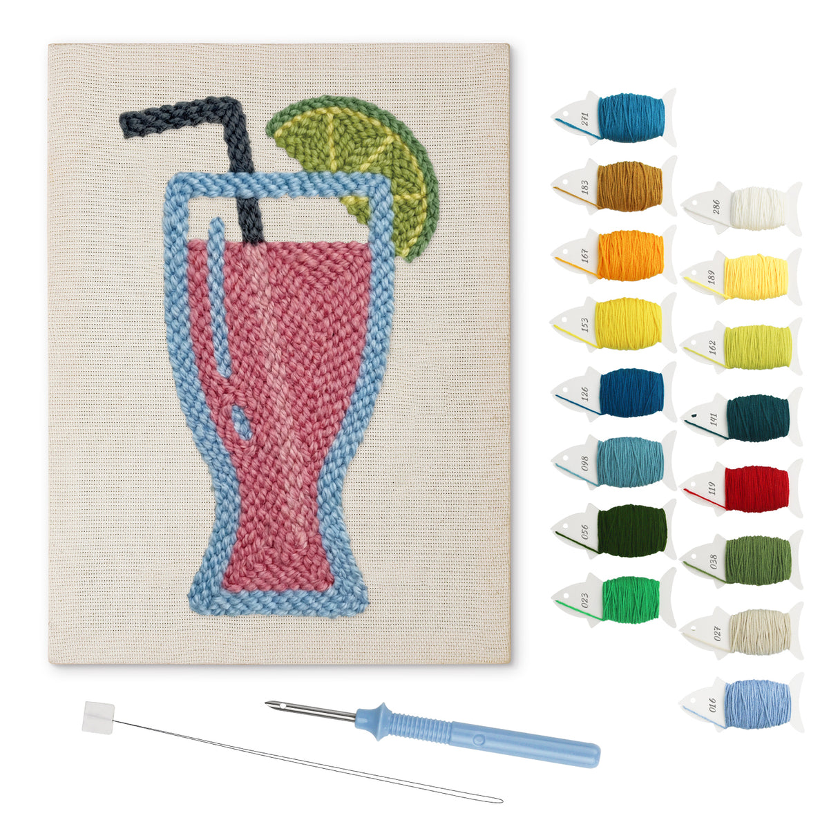 Pink Lime Cocktail punch needle kit: finished canvas with threads, punch needle and threader