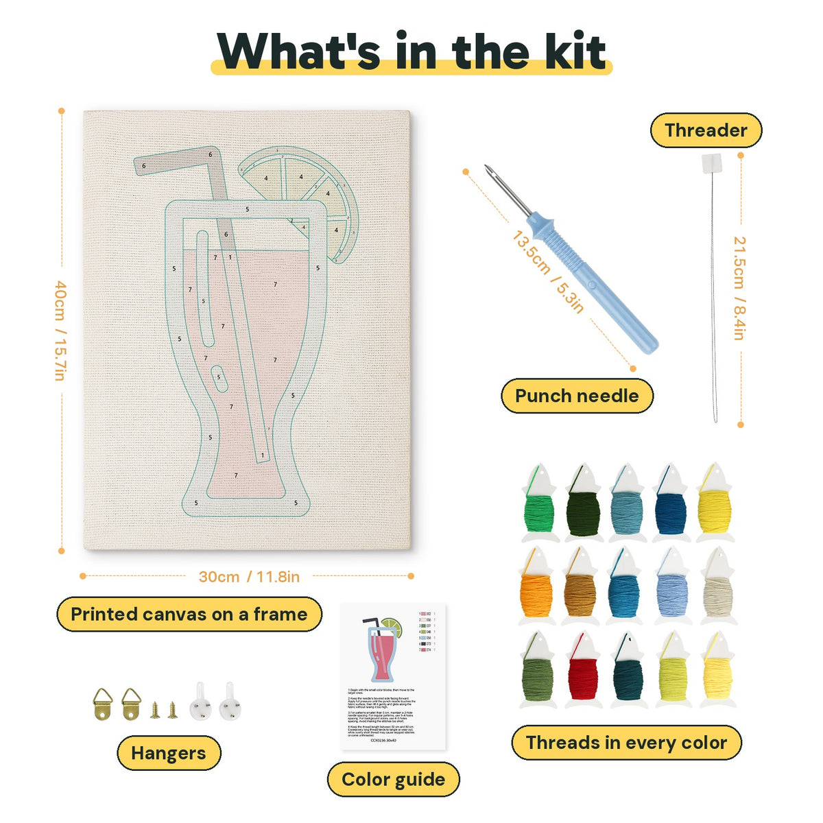 What is in the Pink Lime Cocktail kit: printed canvas, punch needle, threader, threads, color guide and hangers