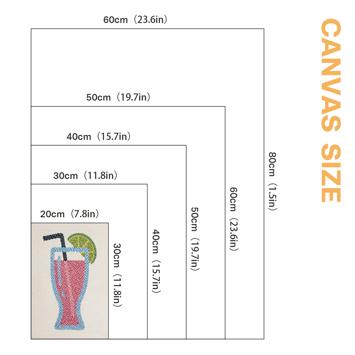 Size chart for punch needle kits from 20 x 30 cm to 60 x 80 cm
