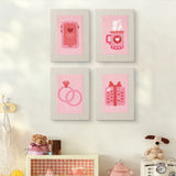 The four Pink Love Tokens mini canvases on a wall above a shelf