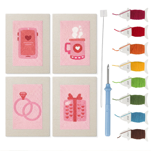 Pink Love Tokens mini punch needle kit set: four finished canvases with threads, punch needle and threader