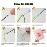 Six steps showing how to thread and use the punch needle