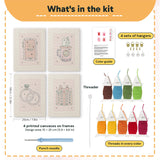What is in the Pink Love Tokens set, 8 × 12 in (20 × 30 cm) each: 4 printed canvases, punch needle, threader, threads, color guide and 4 sets of hangers