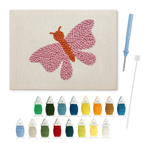 Pink Moth punch needle kit: finished canvas with threads, punch needle and threader