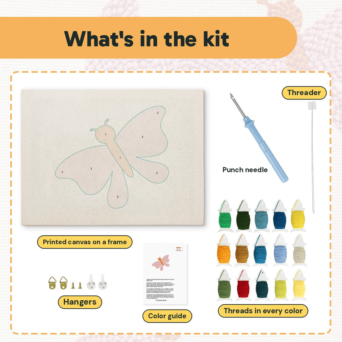What is in the Pink Moth kit: printed canvas, punch needle, threader, threads, color guide and hangers