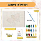 What is in the Pink Moth kit: printed canvas, punch needle, threader, threads, color guide and hangers