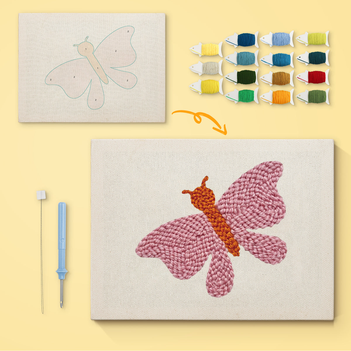 Pink Moth canvas before and after punching, with the threads and tools