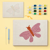 Pink Moth canvas before and after punching, with the threads and tools