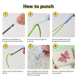 Six steps showing how to thread and use the punch needle