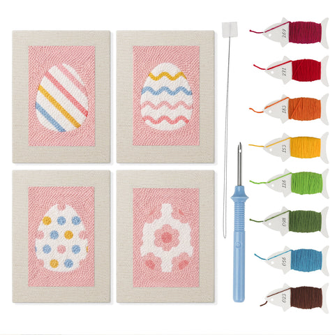 Pink Pastel Eggs mini punch needle kit set: four finished canvases with threads, punch needle and threader