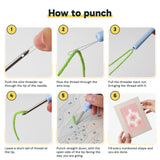 Six steps showing how to thread and use the punch needle