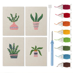 Pink Pot Houseplants mini punch needle kit set: four finished canvases with threads, punch needle and threader
