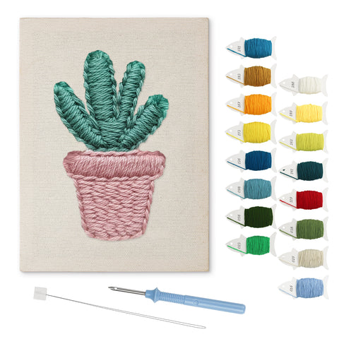 Pink Pot Succulent punch needle kit: finished canvas with threads, punch needle and threader