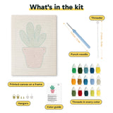 What is in the Pink Pot Succulent kit: printed canvas, punch needle, threader, threads, color guide and hangers
