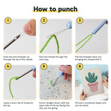 Six steps showing how to thread and use the punch needle