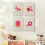 The four Pink Princess Day mini canvases on a wall above a shelf
