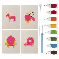 Pink Princess Day mini punch needle kit set: four finished canvases with threads, punch needle and threader