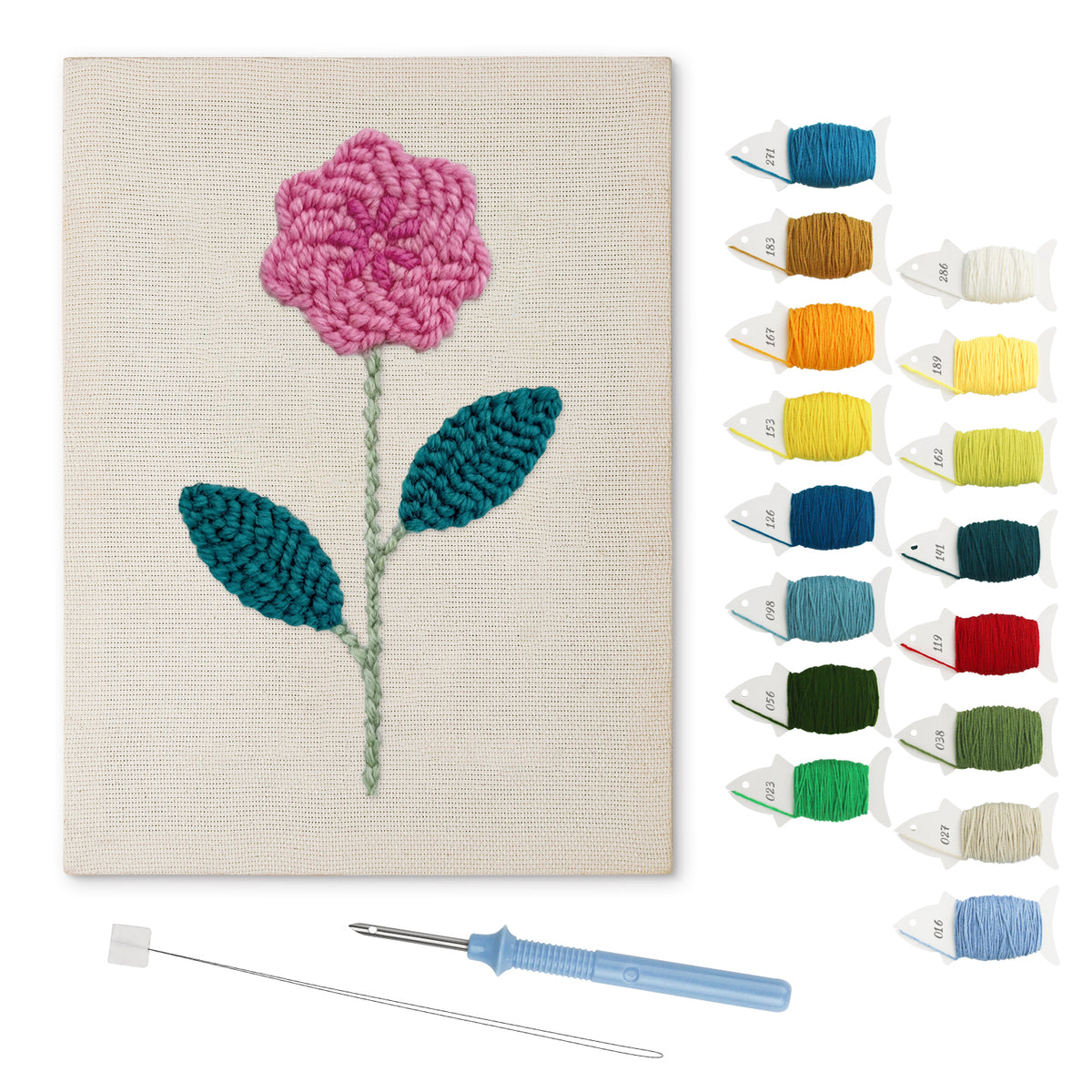 Pink Rose Stem punch needle kit: finished canvas with threads, punch needle and threader