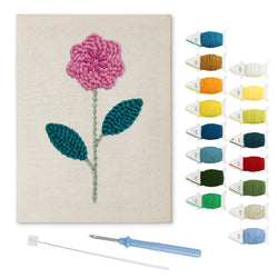 Pink Rose Stem punch needle kit: finished canvas with threads, punch needle and threader