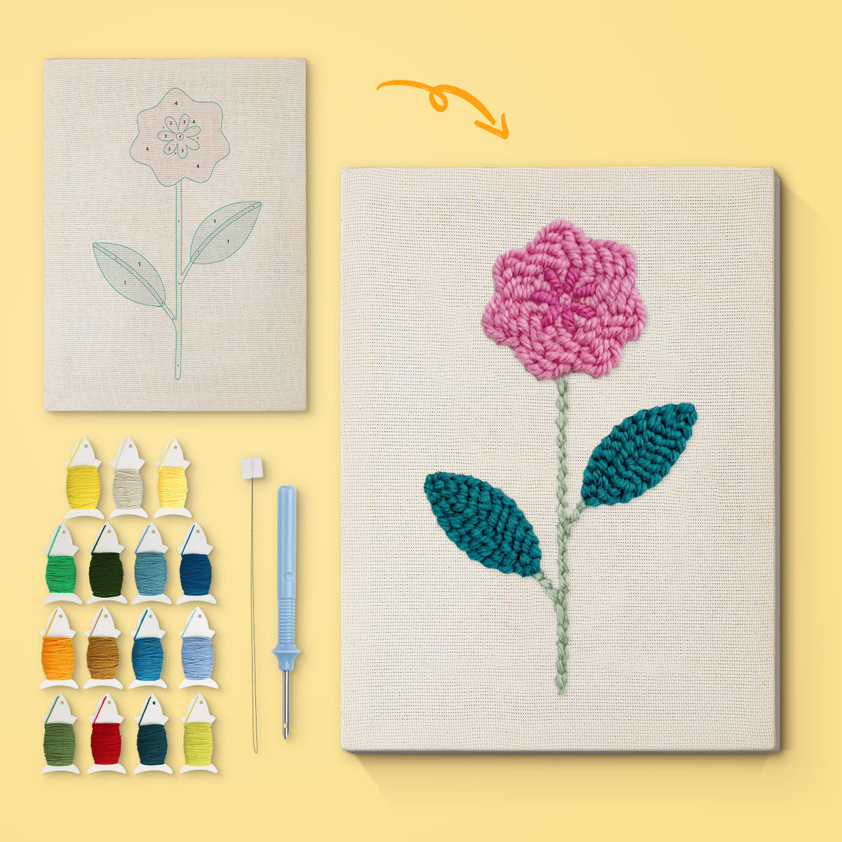 Pink Rose Stem canvas before and after punching, with the threads and tools