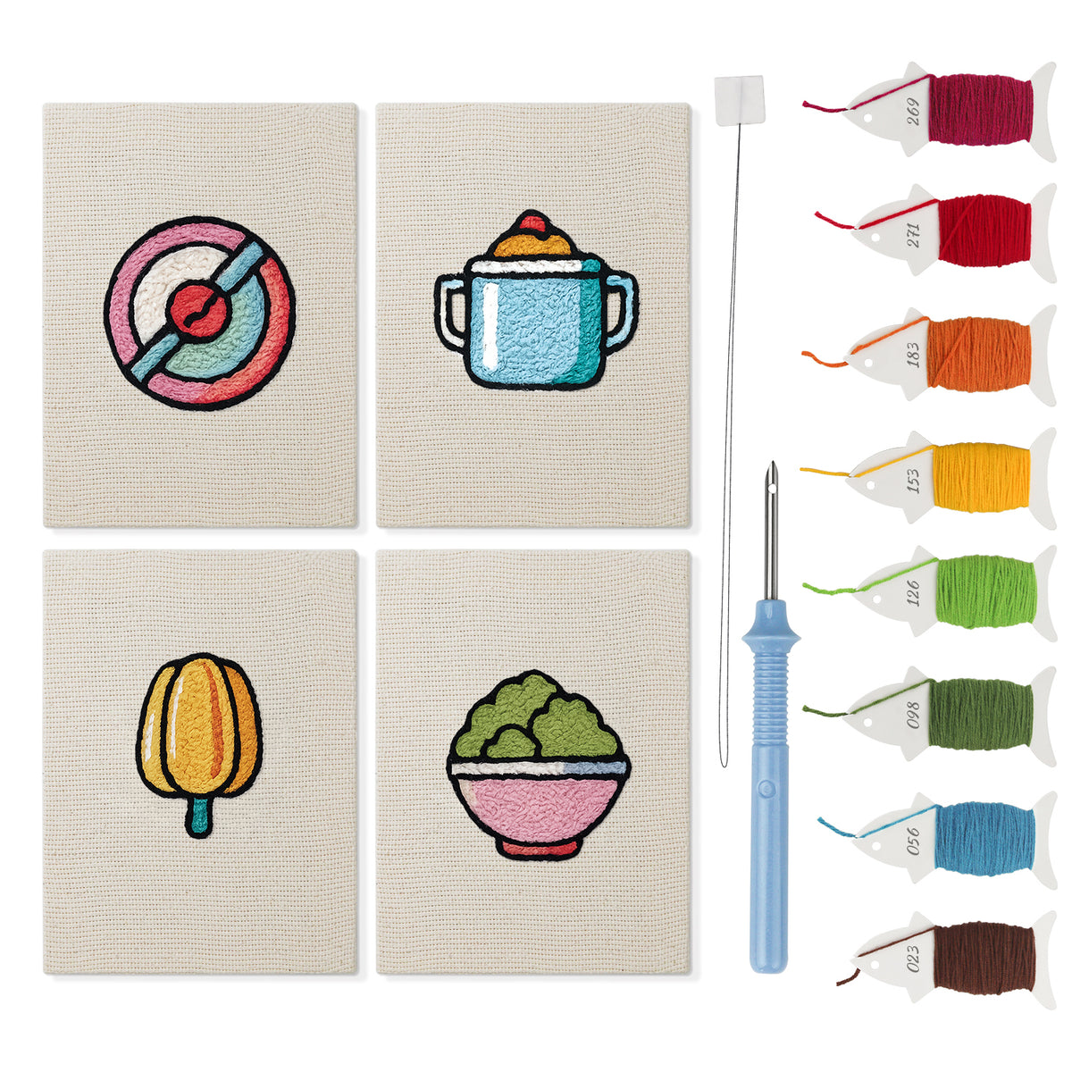 Pink Salad Bowl mini punch needle kit set: four finished canvases with threads, punch needle and threader