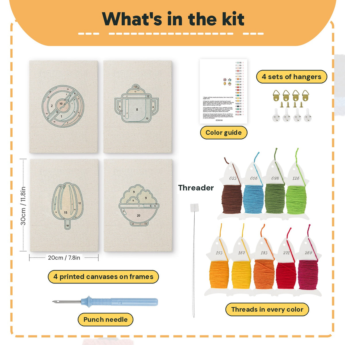 What is in the Pink Salad Bowl set, 8 × 12 in (20 × 30 cm) each: 4 printed canvases, punch needle, threader, threads, color guide and 4 sets of hangers
