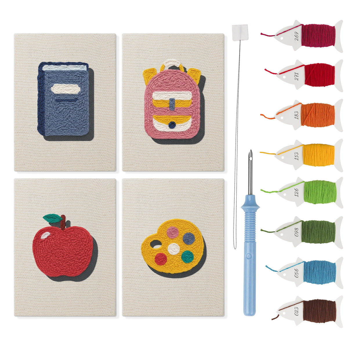 Pink School Backpack mini punch needle kit set: four finished canvases with threads, punch needle and threader