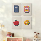The four Pink School Backpack mini canvases on a wall above a shelf