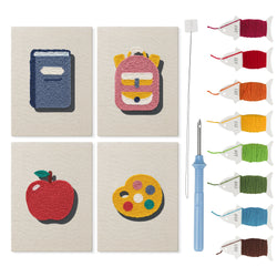 Pink School Backpack mini punch needle kit set: four finished canvases with threads, punch needle and threader
