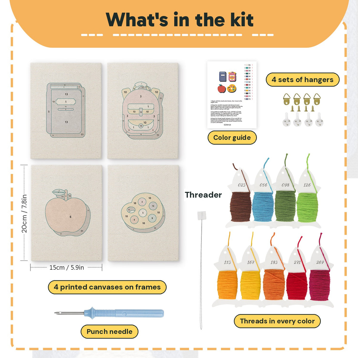 What is in the Pink School Backpack set: 4 printed canvases, punch needle, threader, threads, color guide and 4 sets of hangers (6 × 8 in (15 × 20 cm) each)