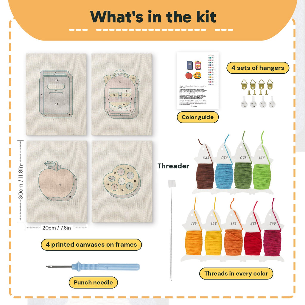 What is in the Pink School Backpack set, 8 × 12 in (20 × 30 cm) each: 4 printed canvases, punch needle, threader, threads, color guide and 4 sets of hangers